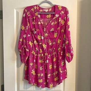 Stella Tweed Pink Blouse with Yellow Floral Pattern